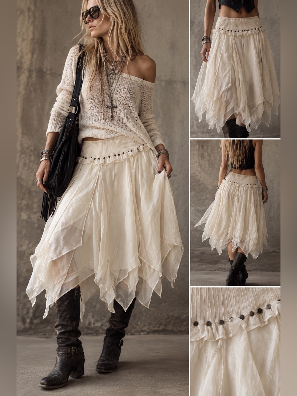Dué Per Dué 100% Silk Ivory Layered Handkerchief Skirt Size 10 Boho Fairy